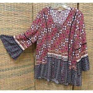Est 1946 18/20 W Peasant Top V Tie Neck Blousy 3/4 Sleeve Boho Open Piping Gypsy